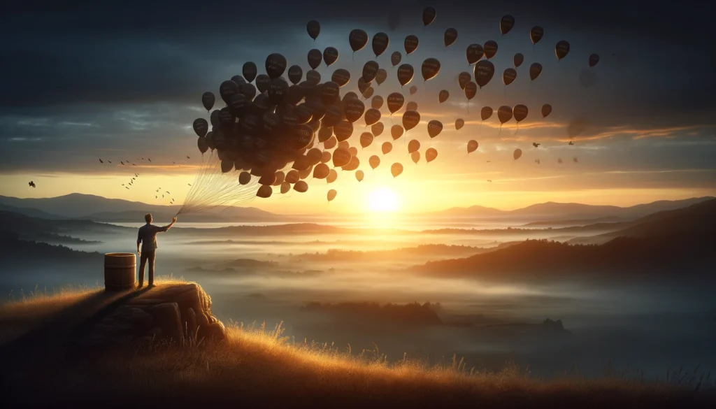 A 16_9 widescreen image that captures the essence of 'Letting Go of the Past'. The scene depicts a serene, open landscape at dawn, symbolizing new beg